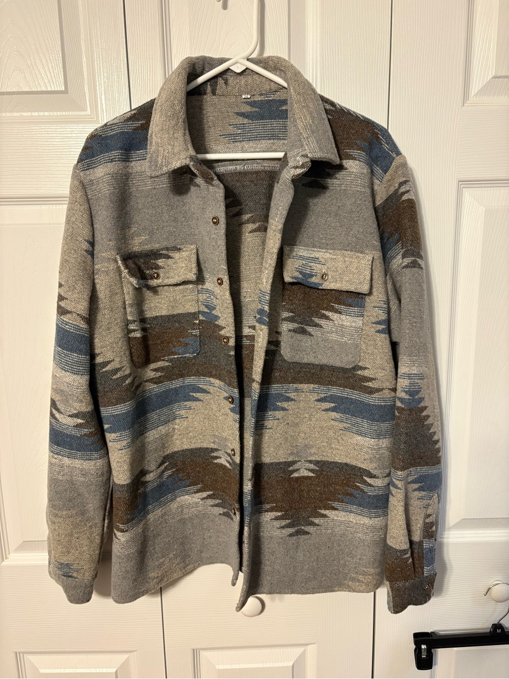 Button-Front Aztec Pattern Shirt Jacket in Gray, Blue & Brown